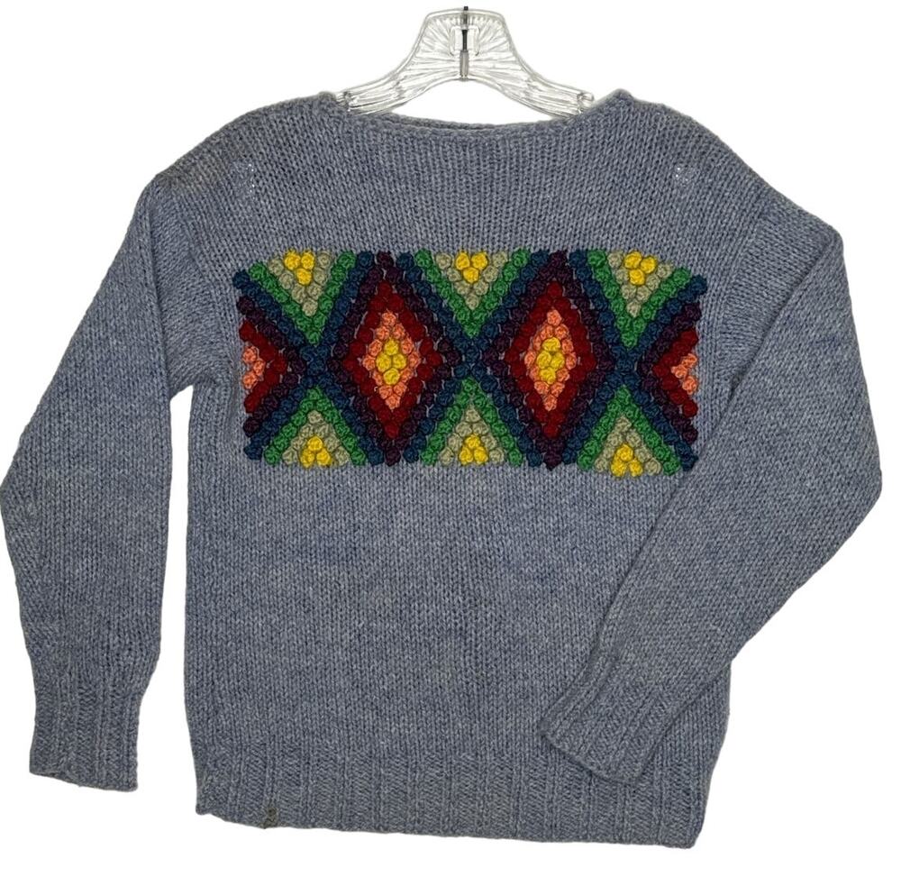 Handmade Vintage Bobble Knit Sweater Multicolor Geometric Boho 70s Style small